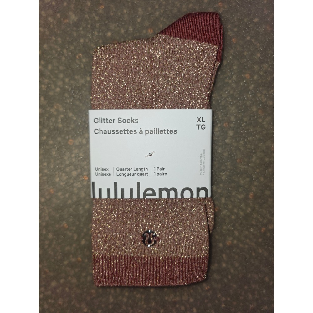Lululemon Glitter Socks Rockwood Quarter Length Unisex XL Burgundy Gold Metallic